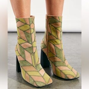 Jeffrey Campbell Verus Patchwork‎ Suede Heeled Boots Green Brown Pastel Size 9M